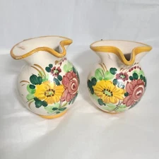 Set Of 2 Pitchers Ceramic Small Creamer Vase Hand painted Floral 4" Signed ITALY