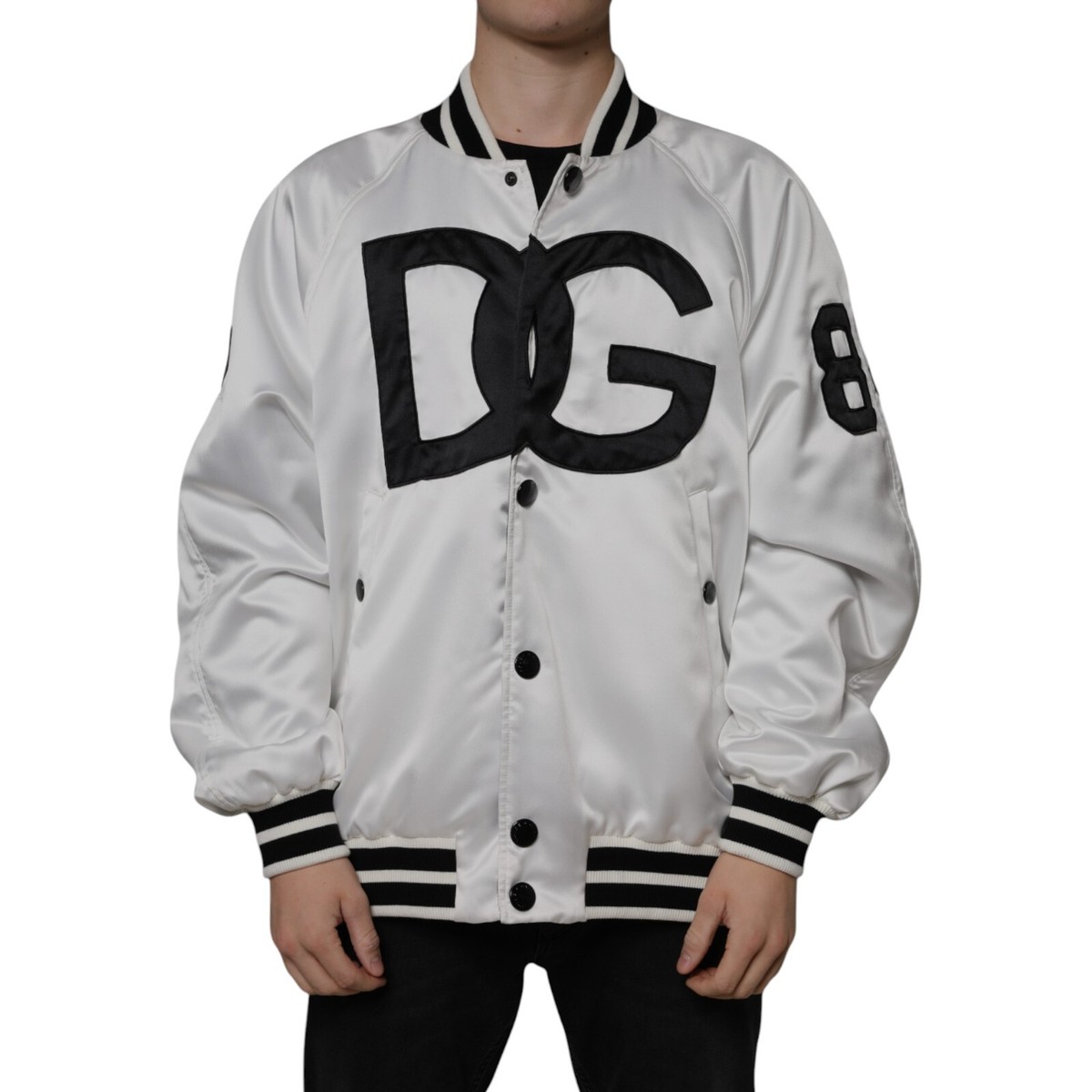 DOLCE & GABBANA Jacket White Polyester Logo Full Zip Bomber DOLCE & GABBANA Jacket White Polyester Logo Full Zip Bomber