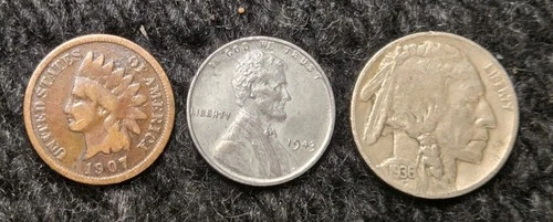 3 Vintage US Coin Lot Indian Cent,Buffa 5c Steel Cent FREE SHIPPING & TRACKING