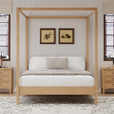 Solid WoodQueenSize Canopy Bed Frame Four Poster Platform Bed with Slats Support