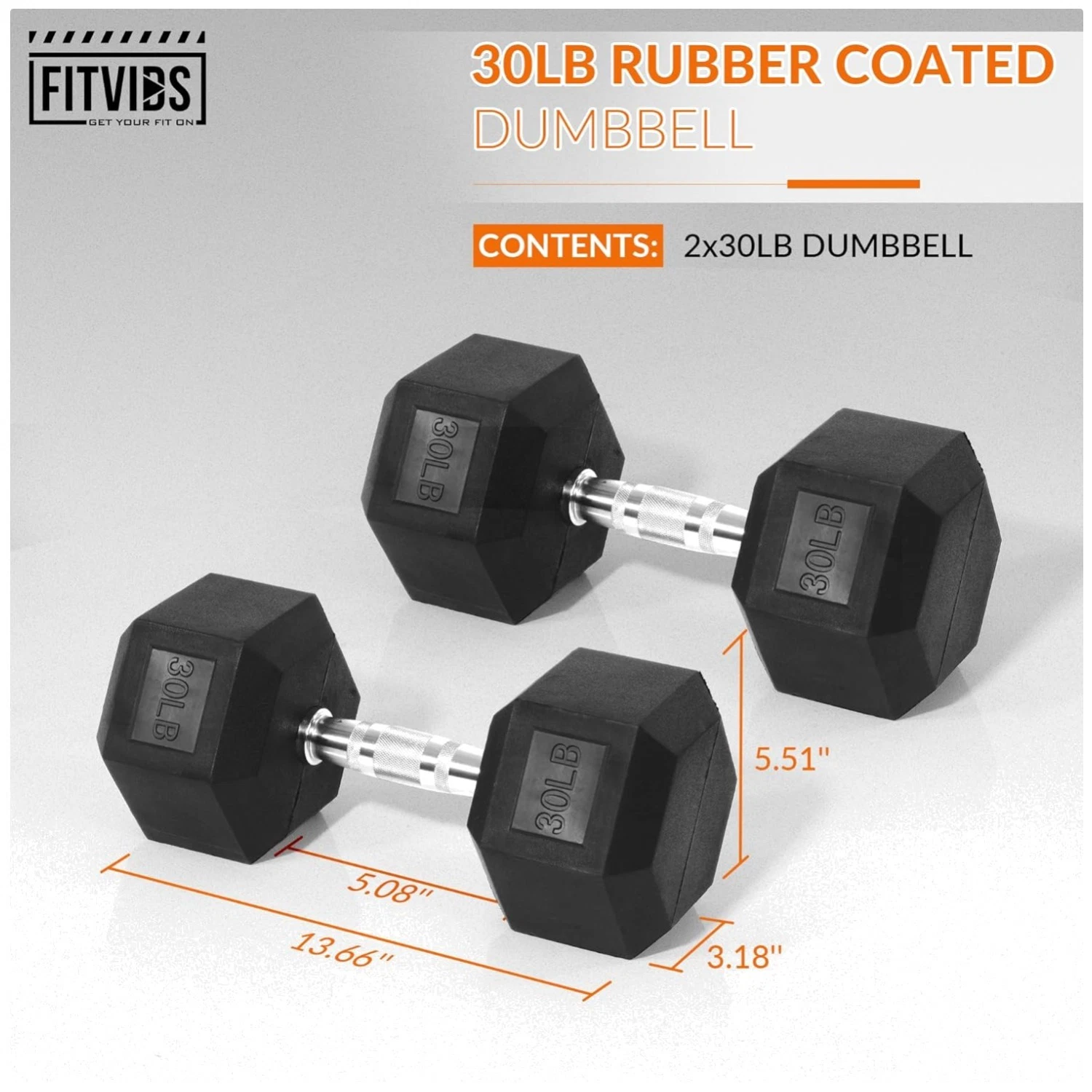 Rubber Coated Hex Dumbbells 30lb Pair - Home Gym Weights