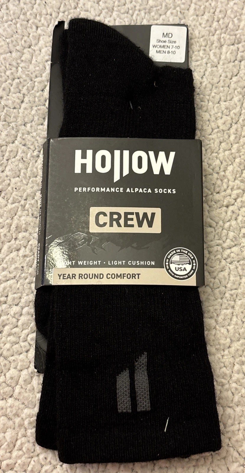 Hollow Performance Alpaca Crew Socks. Medium, Men’s 8-10 Women 7-10. Black NWT