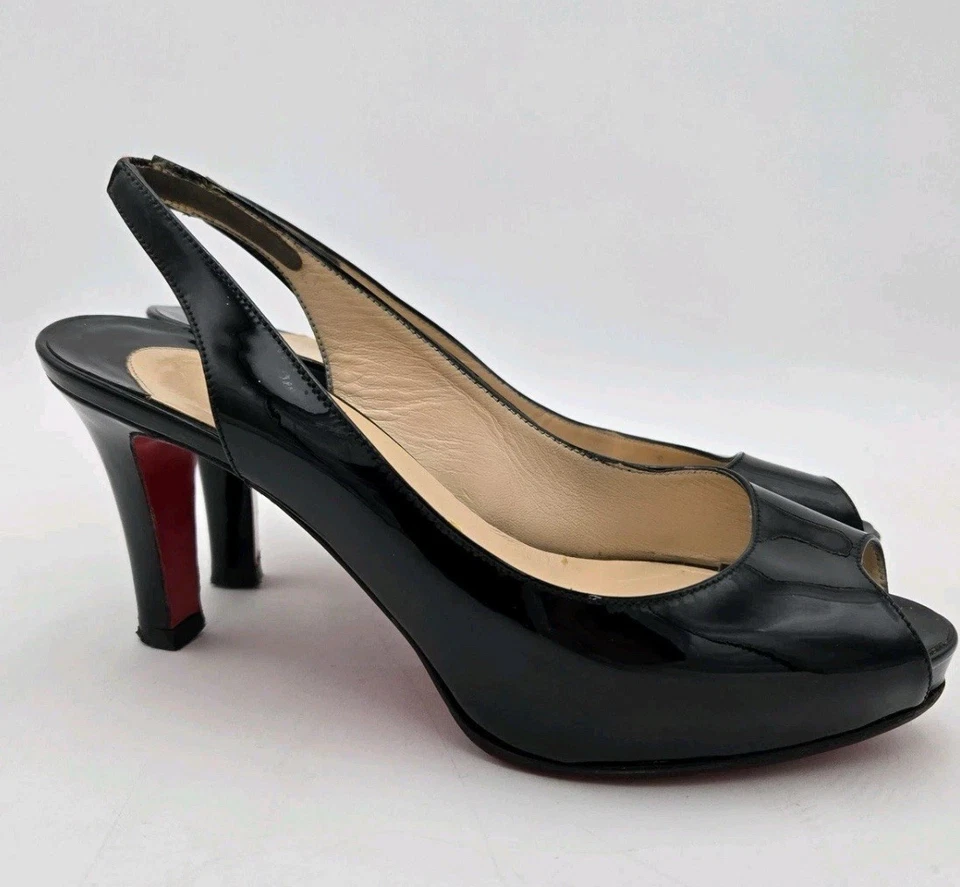 CHRISTIAN LOUBOUTIN Puntera Abierta Negro Charol Talla 38 Cordones Parte Inferior Roja Foto 4 de 4