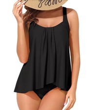 HEYTALALA Women's Tankini Two Piece Tummy Control Swimsuit Flyaway Top Navy 2XL