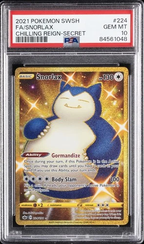 2021 POKEMON SWORD & SHIELD CHILLING REIGN SECRET #224 FULL ART/SNORLAX PSA 10