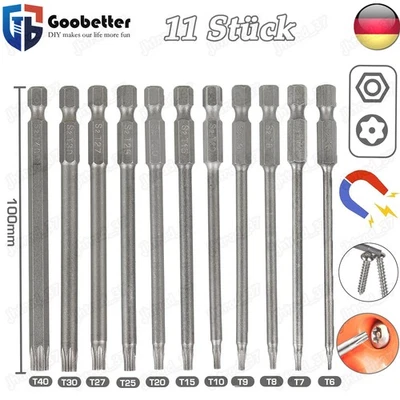 GOOBETTER 11 x Torx Bit Set T6-T40 100mm Lang Magnetisch mit Stirnloch Schraubendreher Bit