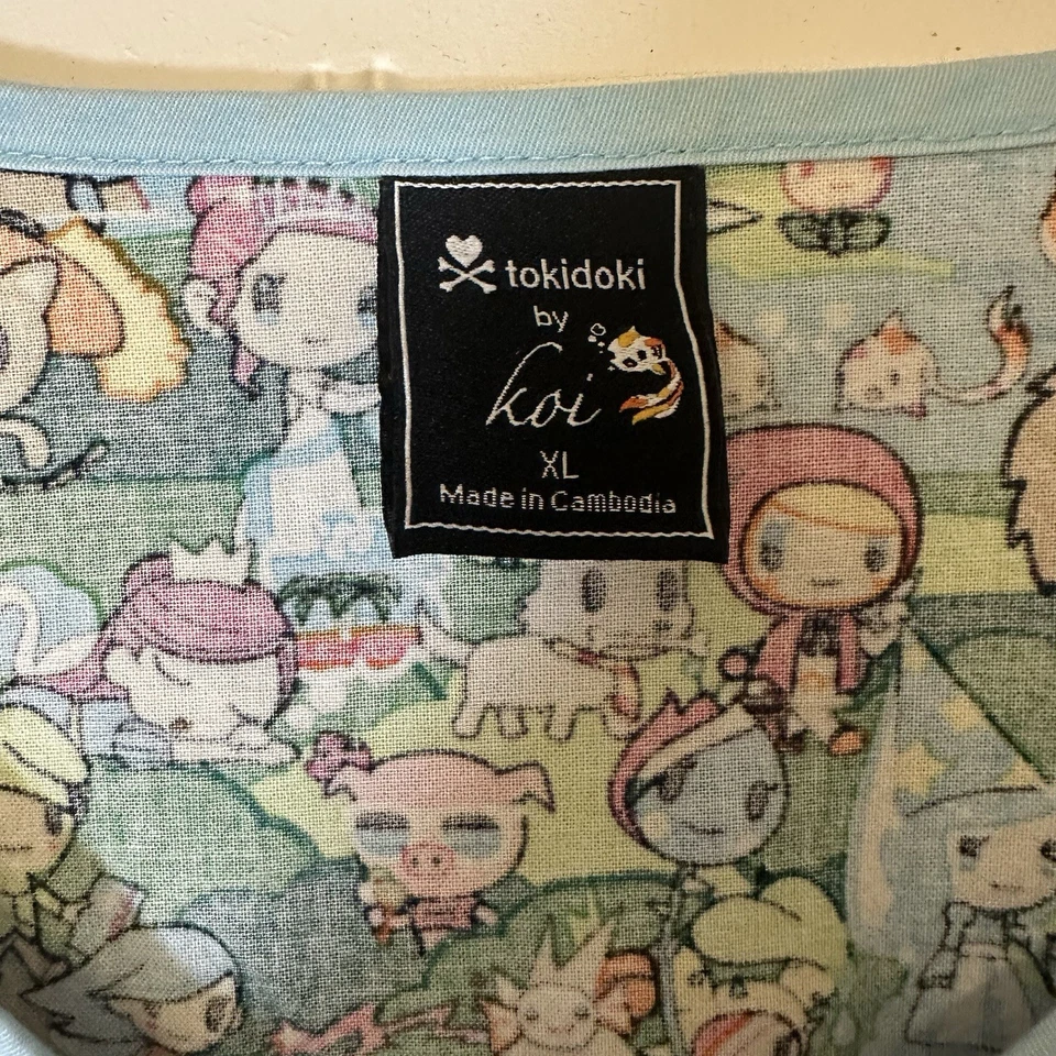 Tokidoki by Koi Scrub Top, Green Multicolor, Pockets, Drawstring Back, Women XL - Image 4 of 4