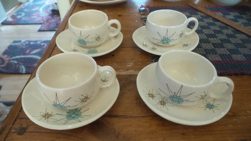 4 Vintage Franciscan ATOMIC STARBURST CUP & SAUCER SETS, Mid Century