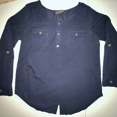 Sweet Wanderer Blouse Women's Large Lightweight Navy Blue Long Roll Tab Sleeve