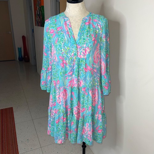 Lilly Pulitzer Gabriel Dress Size 0 Amalfi Fish Blue Pink Bell Sleeve Tiered Mod - Picture 23 of 24