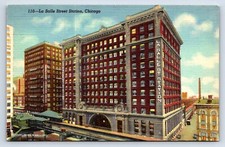 Postcard Illinois Chicago La Salle Street Train Station Exterior Linen I251