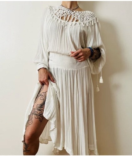 Free People Womens White Bohemian Crochet Neck MIDI Dress Size S - Picture 3 of 17