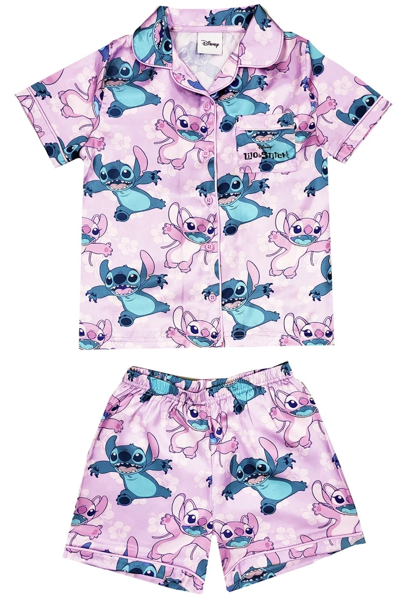 Girls Disney Lilo Stitch Satin Short Pyjamas Silk Button Collar