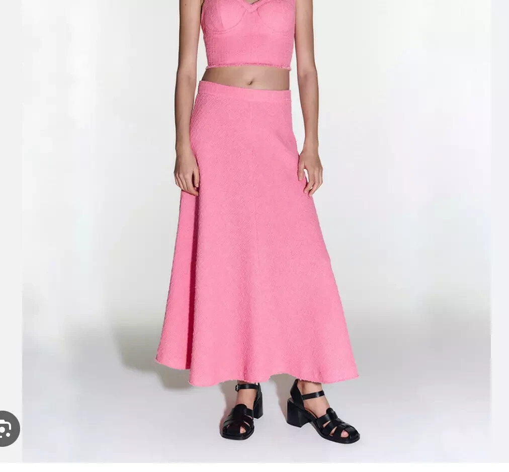 NWT ZARA Women's Textured Tweed Flared Hem Long Skirt Candy