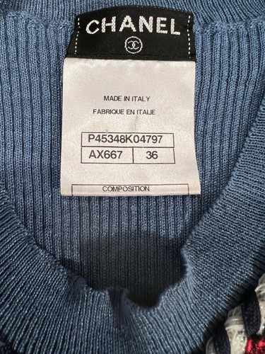 Auth. CHANEL '13 P Blue Ribbed Knit CC Buttons Tweed Ribbon Trim Top Sweater 36 - Picture 6 of 8
