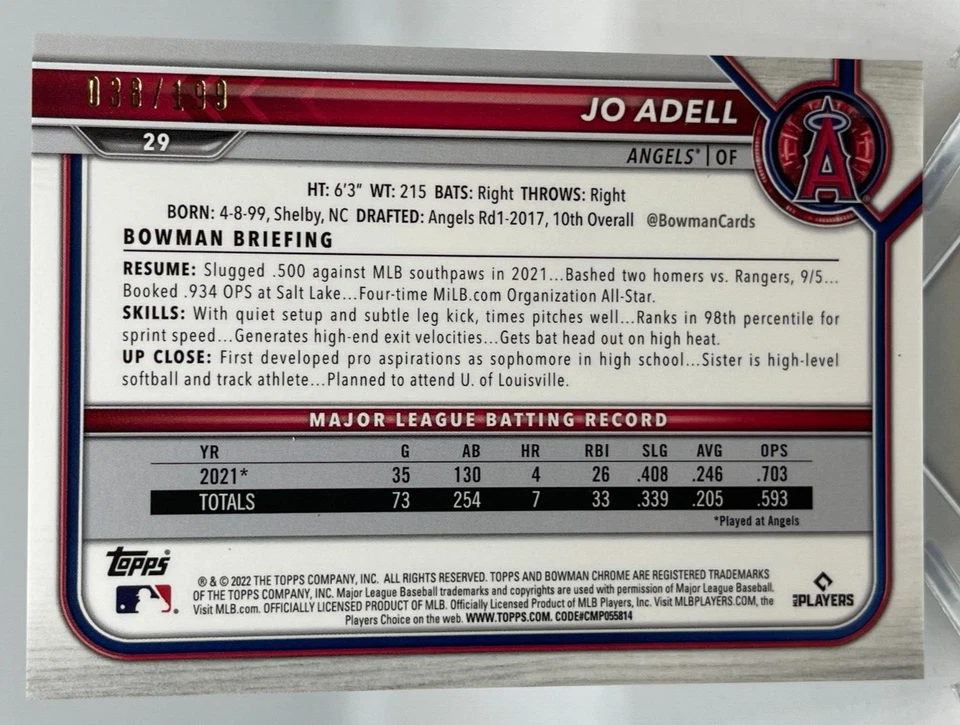 Jo Adell 2022 Bowman Chrome Aqua RayWave #038/199 LA Angels - Image 2 of 3