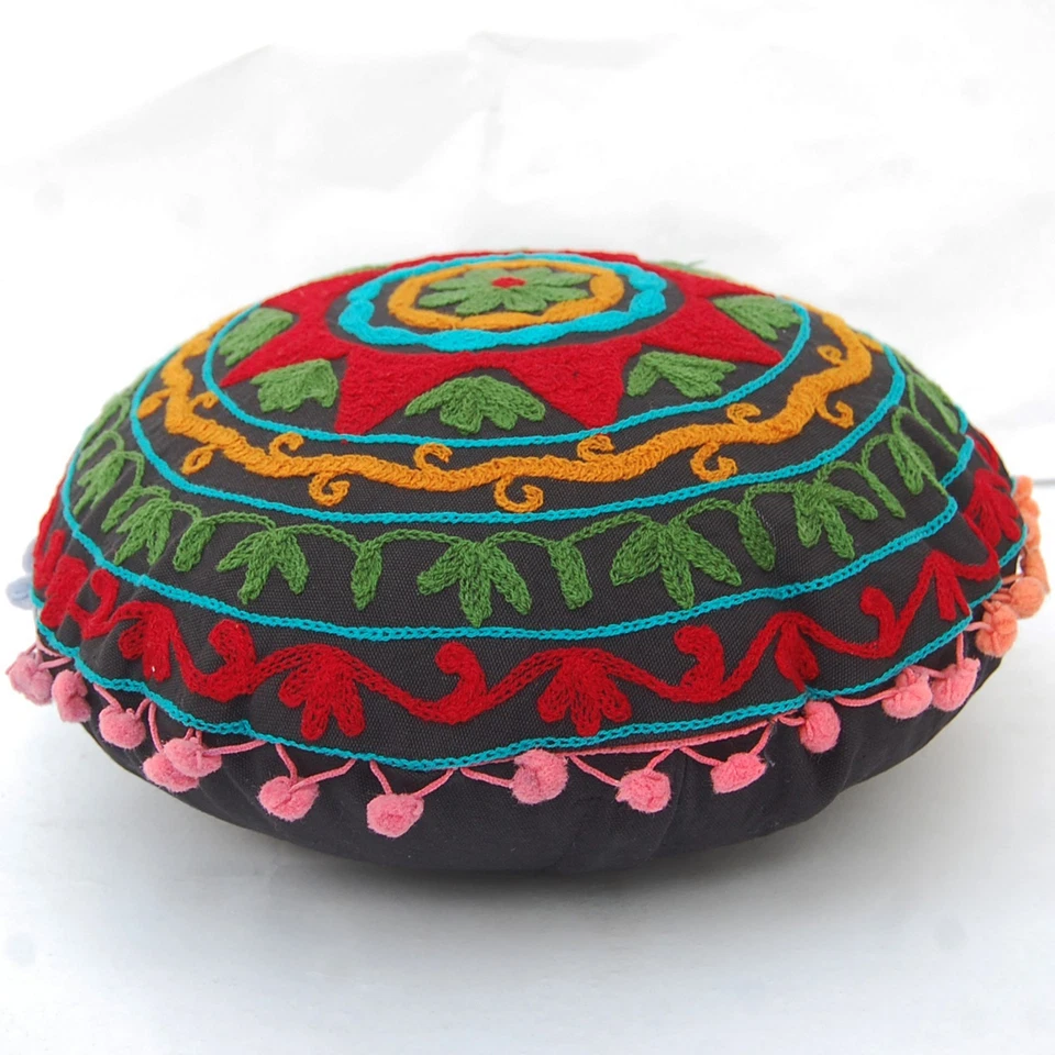 Ethnic Floral Round Embroidered Suzani Floor Cushion Cover Pom Pom Cotton 16" - Image 2 of 4