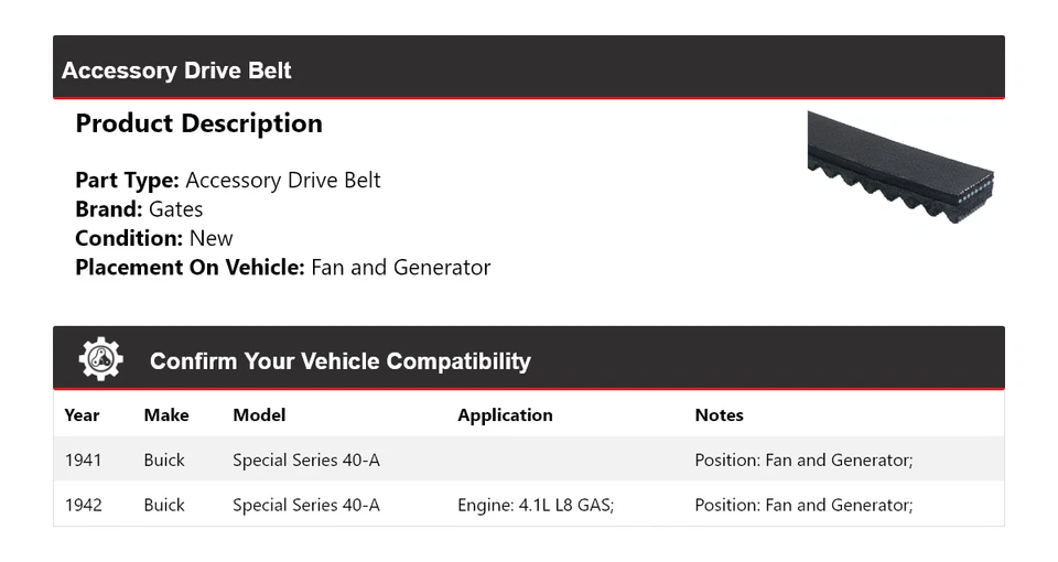 Correa de transmisión 40-A para Buick Special Series 1941-1942 para puertas de ventilador y generador Foto 2 de 4