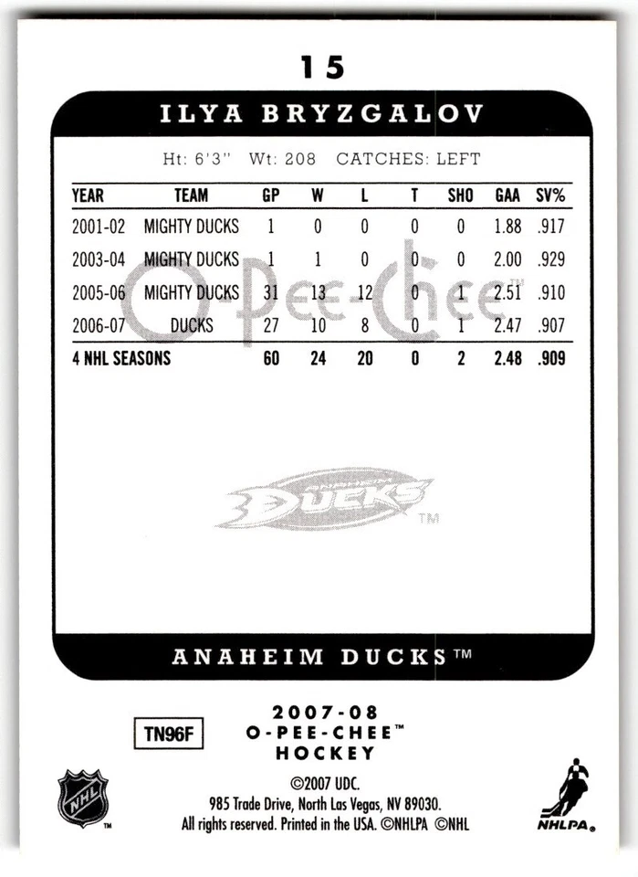 Ilya Bryzgalov 2007-08 O-Pee-Chee Micromotion #15 Anaheim Ducks - Image 2 of 2