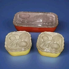 Vintage Jeanette Glass Fridgie Dish Set Lid Red Yellow 6 Piece Vegetable 