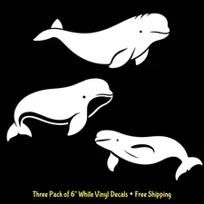Beluga Whales Three PK 6" White Vinyl Decals Car Truck Window Any Flat Surface