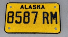 Vintage 1973 ALASKA Motorcycle License Plate Tag 8587 RM - 7” x 4”