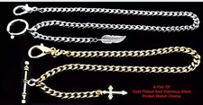 Pair Of Gold Plated  Stainless Steel Pocket Watch Chains With Ornate Fobs.