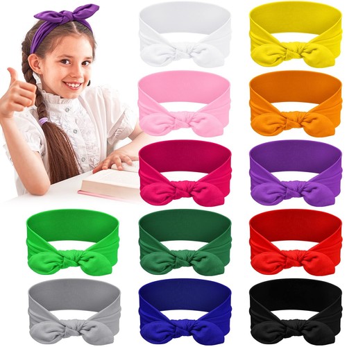 12 Pack Colorful Polyester Cloth Headbands for Girls Removable Rabbit Ear Bow...