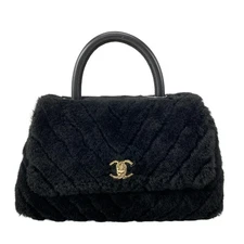 Auth CHANEL Small Top Handle Flap Bag w/V-Stitching (Chevron) A92990 Black