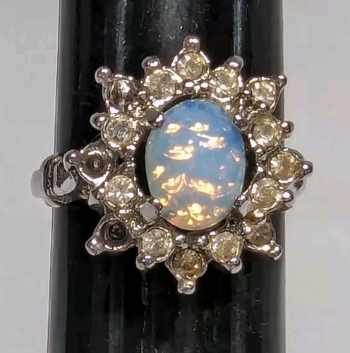 Vintage Solitaire Fire Opal Ring 18K HGE Heavy Gold Plated Cubic Zirconia Band 6