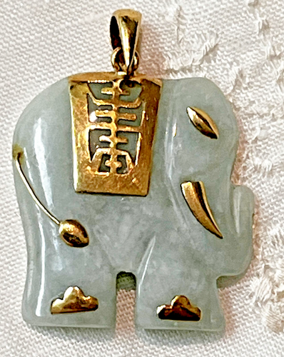 Vintage RARE HONG KONG CW 14k Gold & Jade Lucky Elephant Pendant