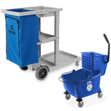 Commercial Janitorial Housekeeping Cart and 26 Qt. Mop Bucket with Wringer, Blue