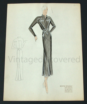 1930's Vintage Fashion Design Original Art Color Drawing Edyth Sparag Studios