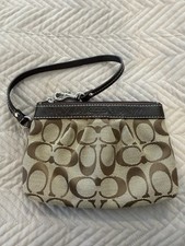 Coach Brown/Tan Signature Canvas Wristlet with Leather Trim