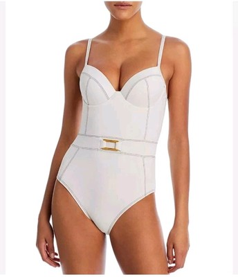 NWT $129 BLEU Rod Beattie A Fine Line Belted One-Piece Swimsuit White Size 10