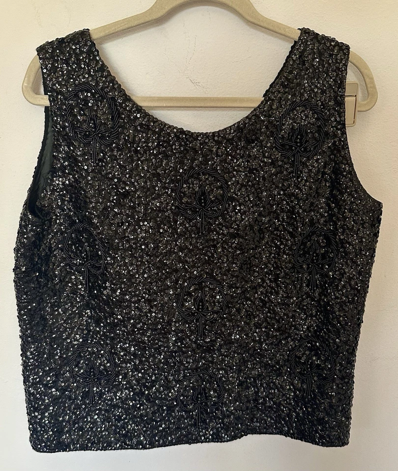Top sin mangas vintage años 60 lentejuelas con cuentas cachemir negro flecos talla 42 Foto 2 de 4