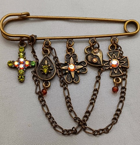Safety Pin Brooch Dangling Crosses & Chain Brass Green & AB Rhinestones