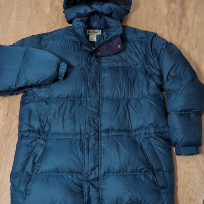 LL Bean Mens LT Aqua Green Goose Down Insulated Zip Metal Snap Front Hood Parka