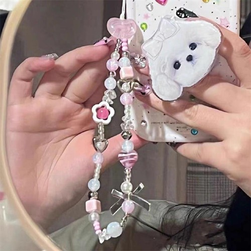 Cute Pink Love Flowers Beaded Phone Chain Rope Lanyard Keychain Bag Pendant Gift - Zdjęcie 8 z 8