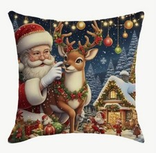 Santa Deer Elves N Pole Christmas Throw Pillow Cover Winter Holiday Home Decor