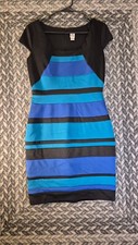 Sangria Blue & Black Stripe Mini Bodycon Dress Cap Sleeve Career Office Size 8