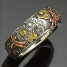 Dragonfly Flowers Decorative Ring Band Floral Nature Jewelry 3-Tone