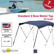 Oceansouth BIMINI TOP 3 Bow Boat Cover Blue 61"-66" Wide 6ft Long W/ Rear Poles