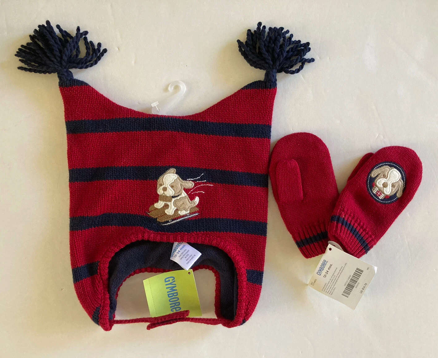 NWT Gymboree Ski Cabin 12-24 Red St Bernard Dog Mittens Fleece Lined Tassel Hat