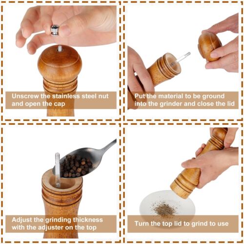 Wooden Salt and Pepper Grinder Set Mill Sea Shakers Adjustable Ceramic Rotor - Picture 3 of 8