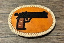 Vintage Hand Tooled Leather Etched Stitched Pistol Hand Gun Belt Buckle UNIQUE