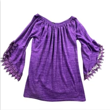 Win Win Blouse Women L/XL Purple Open Sleeve Lace Purple Tunic Top Preppy Dressy