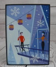 Shag MCM Ski Couple at Lodge with Gondolas Snowflakes  Framed Print 5" x 7"