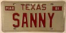 Vanity SANNY SANNIE SANNI license plate Sannyra Sannies Sonny Sunny 1981 TX
