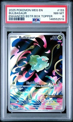 Pokémon TCG Mega Evolution Bulbasaur Box Topper Stamped 133/132 PSA 8  Mint